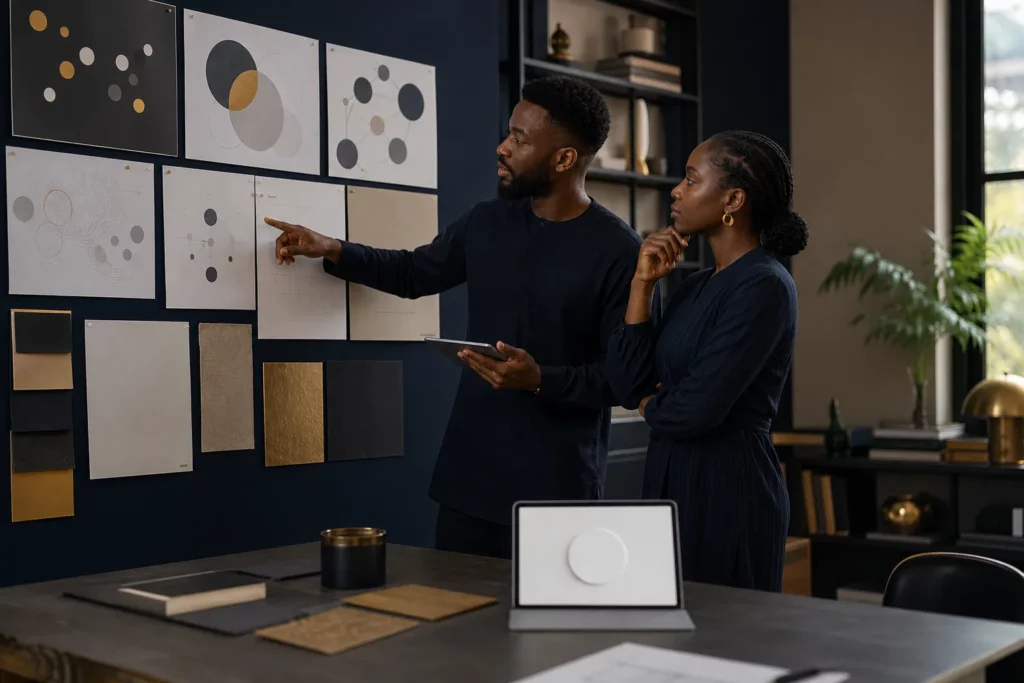 Two African brand strategists reviewing positioning diagrams before developing a visual identity